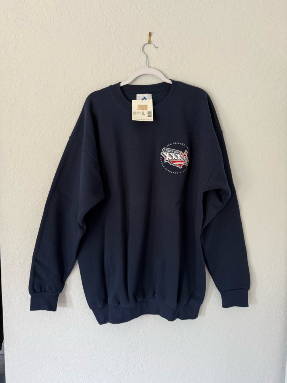 NWT Adidas 2002 Super Bowl XXXVI Navy Crewneck Sweatshirt Patriots vs Rams XL